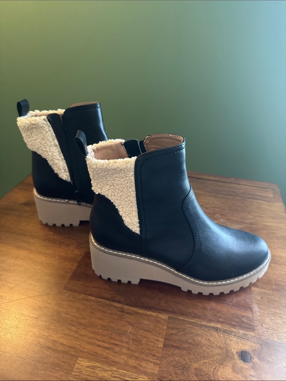 DV by Dolce Vita Black Ankle Boots with Cream Faux-Shearling Trim